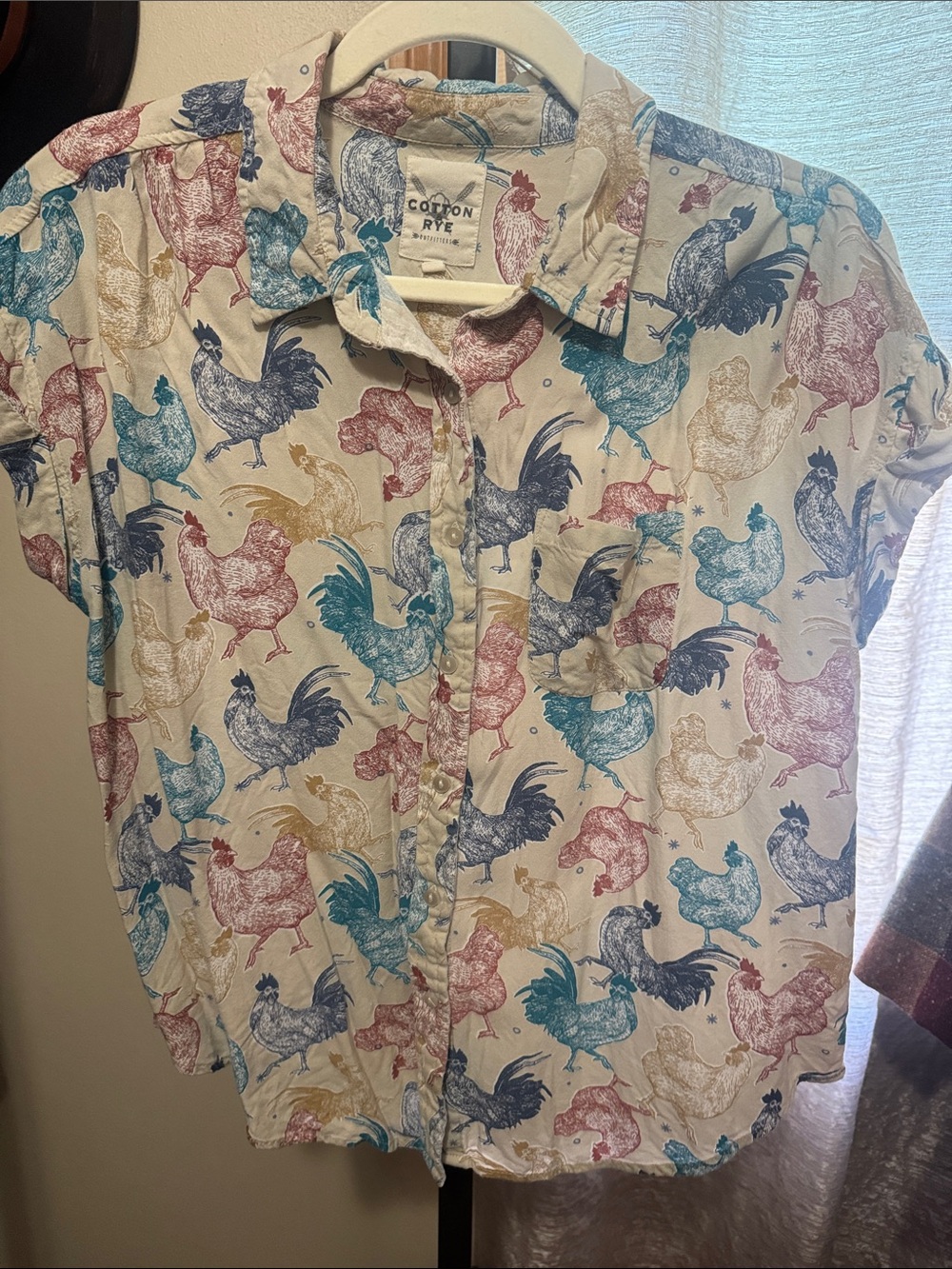 Women's Cream Button-Down Shirt with Multicolor Rooster Print